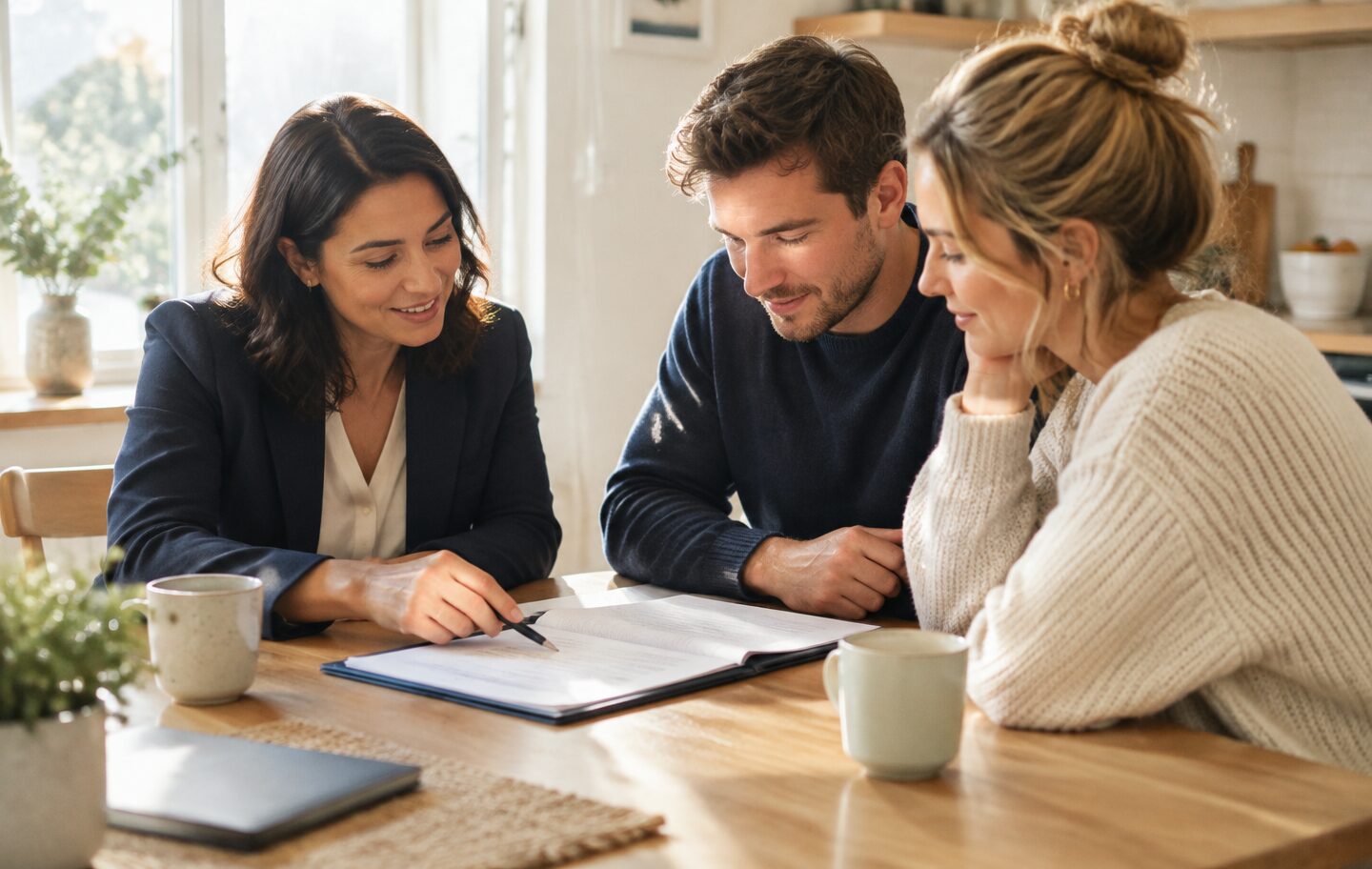 An Avalon Point advisor reviewing policy documents with a couple at their kitchen table
