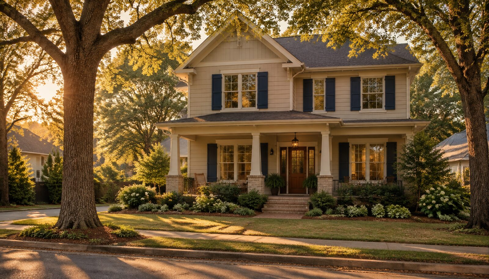 A craftsman home on a tree-lined Alpharetta street at golden hour